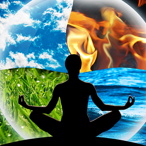 A black silhouette of a person sits in a meditative position in front of a sphere that is divided into air, fire, water and earth.
