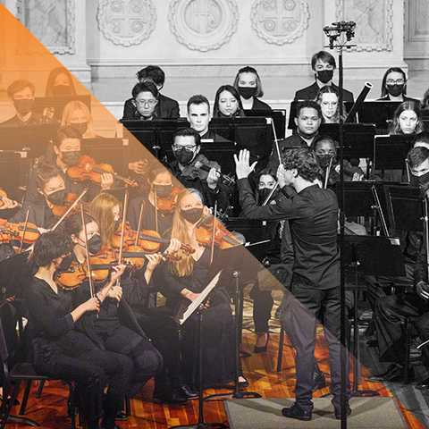 a student orchestra performs on stage