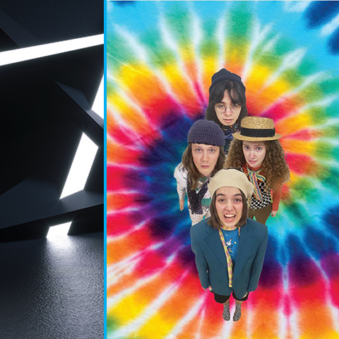 4 actors against a tie-dye background.