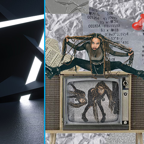Grunge collage featuring character.