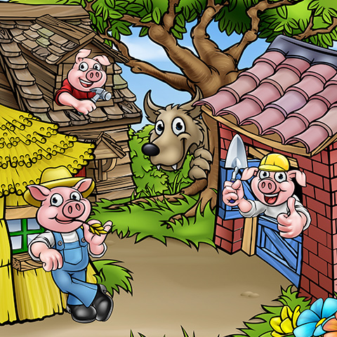 Three little pigs smiling, building houses, big bad wolf sneaking behind.