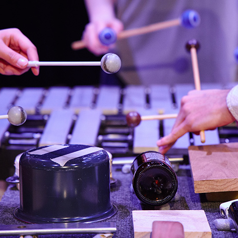 a pair of hands zoomed in playing the marimba