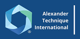Alexander Technique International logo with blue background and a multi-blue colored hexagon symbol