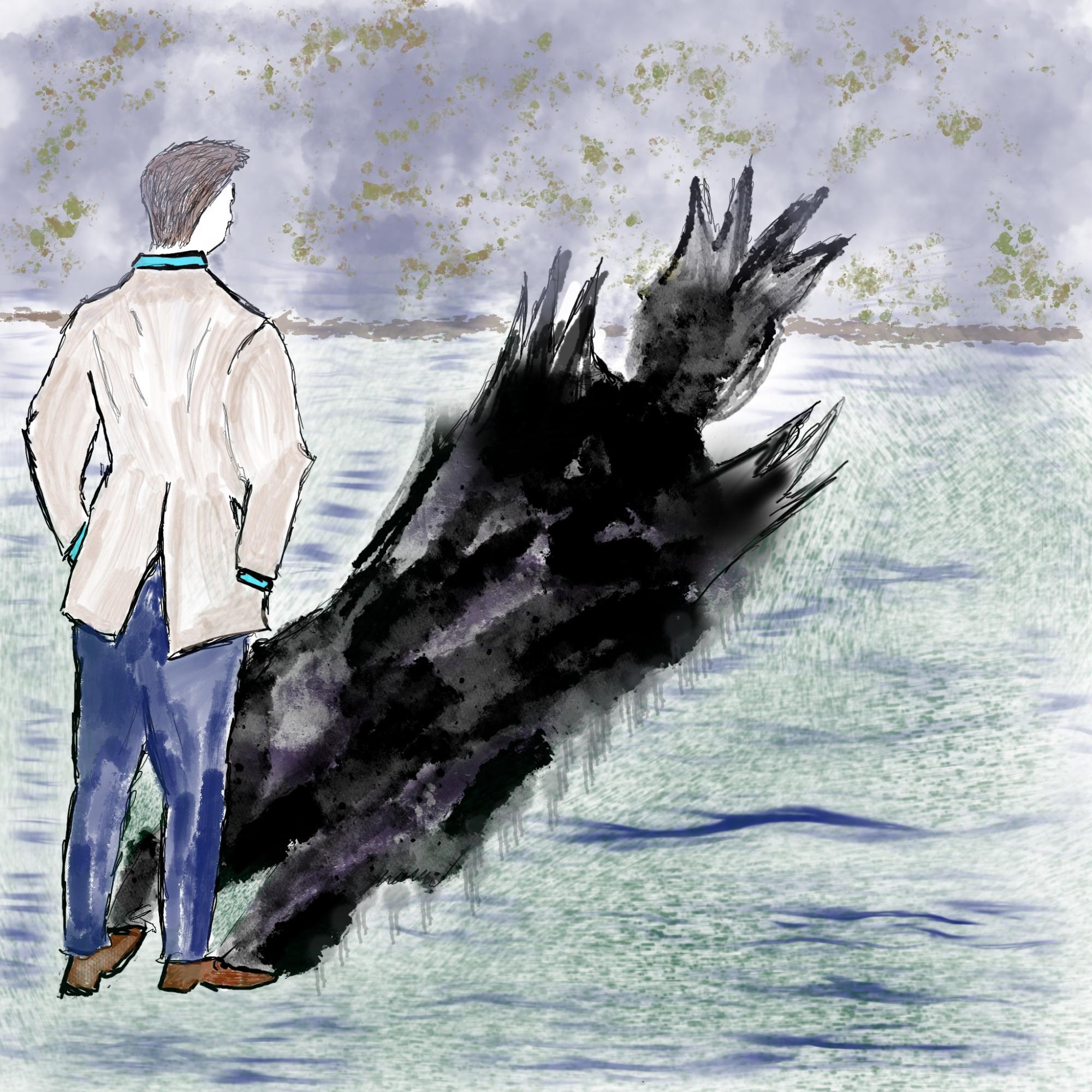 Pencil drawing of a man standing and looking at his own shadow.