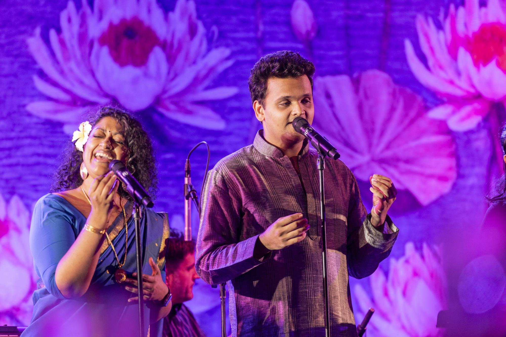  Zahara (Annette Philip), artistic director of Berklee India Exchange and alum Nishant Shekar performing with Berklee India Exchange 