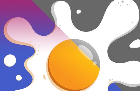 Cartoon of a fried egg; half in a blue/purple hue and half black and white