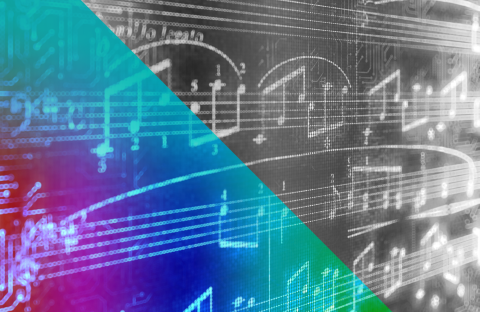Chalk board with music notes written. Half of the image has a blue/purple wash and half is in black and white.