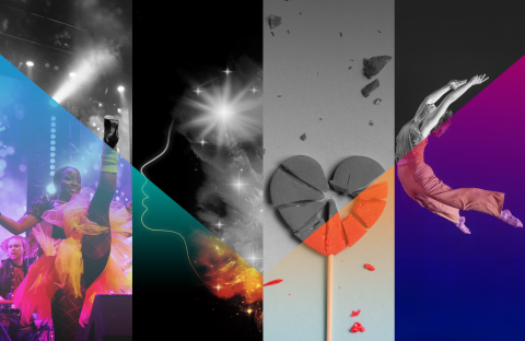 Collage of four images: a dancer doing a kick, the silhouette of a face with stars on the head,  a broken heart-shaped lollipop, and a dancer leaping with their hands and feet away from their body.